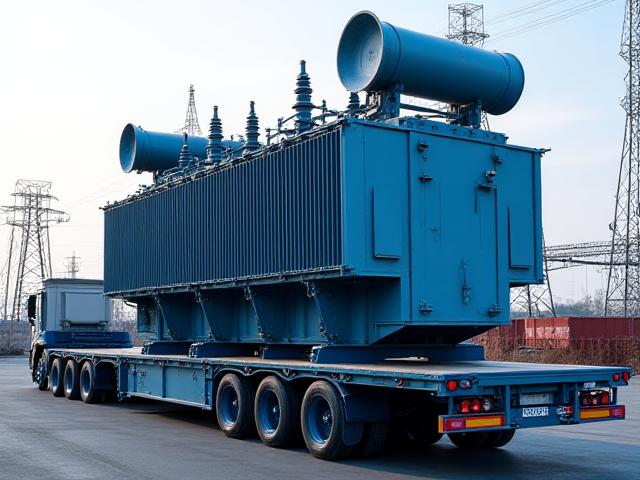 Large transformers and energy components on a specialized trailer