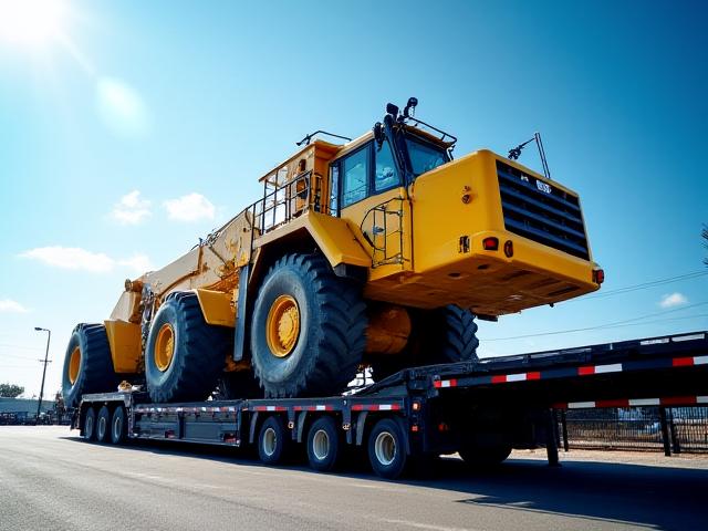 Excavators and bulldozers being transported on a heavy haul trailer