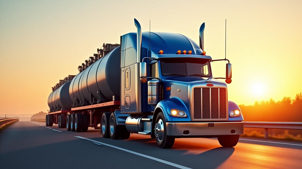 Heavy duty truck hauling industrial equipment on a flatbed trailer