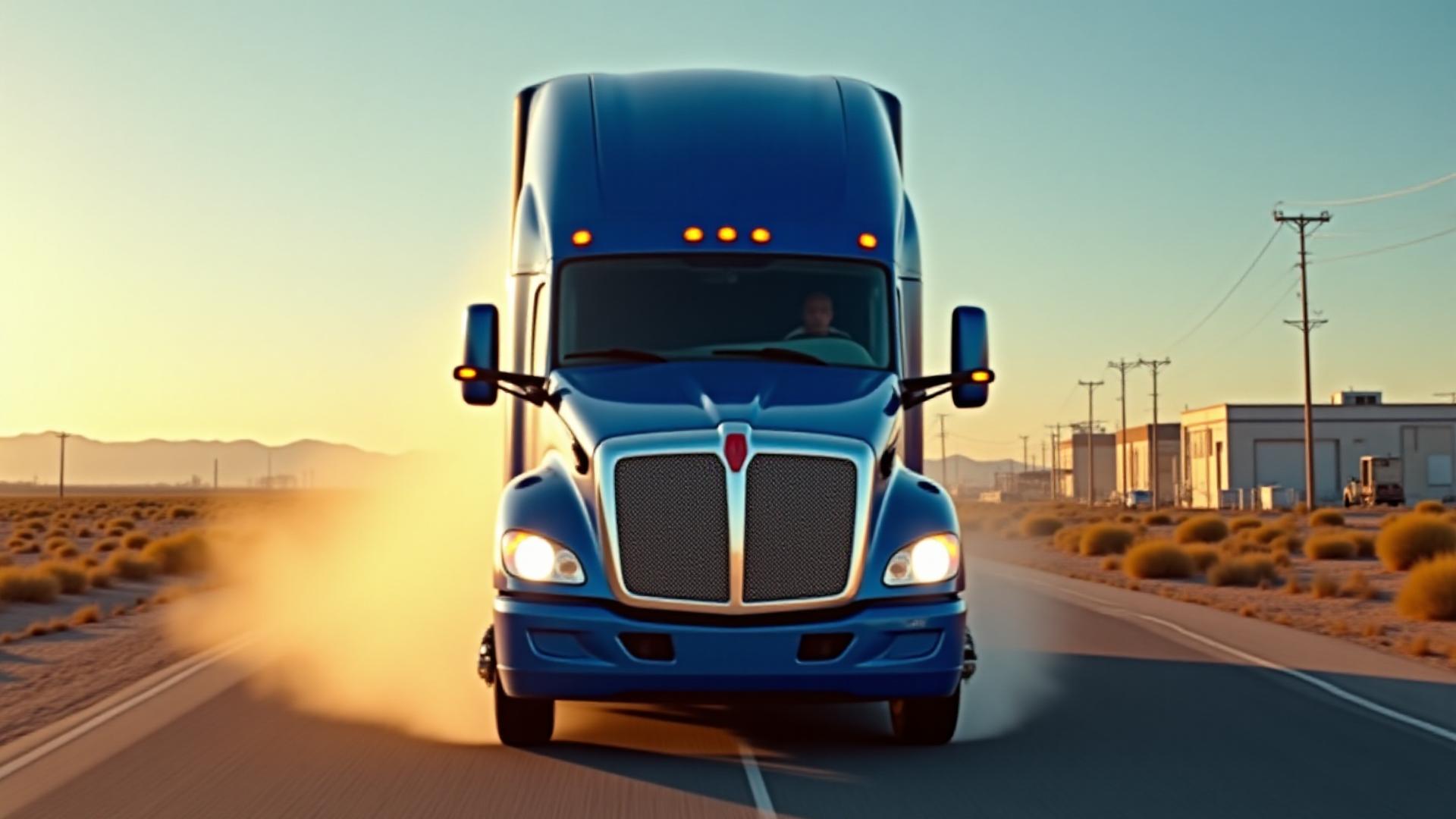 Heavy-duty truck approaching a secure US-Mexico border crossing facility