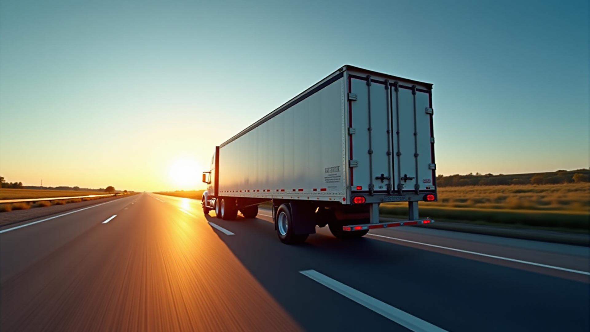 Modern Berry Trucking semi-truck traveling on an expansive open highway at dawn